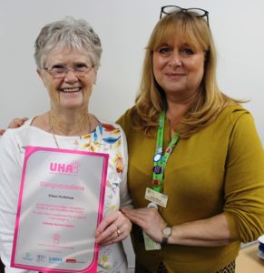Volunteer Eileen McMahon (left) has been shortlisted for an Unsung Hero Award. She is pictured with Voluntary Services Manager Karen Bush