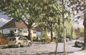 Simon Wrigley artwork of a road lined with trees and houses, with some cars parked on the road