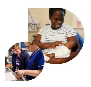 Two photos of Mum and baby and staff working