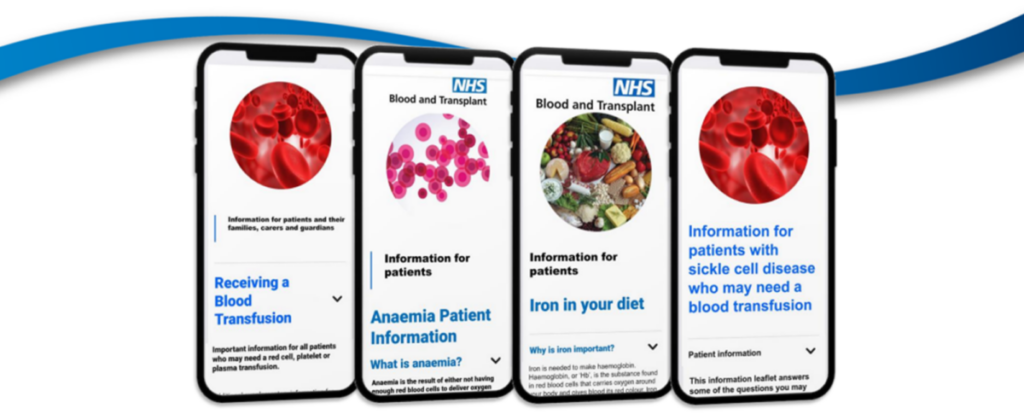 Blood Transfusion app images showing patient information on blood transfusion, anaemia, iron in your diet, and sickle cell disease information