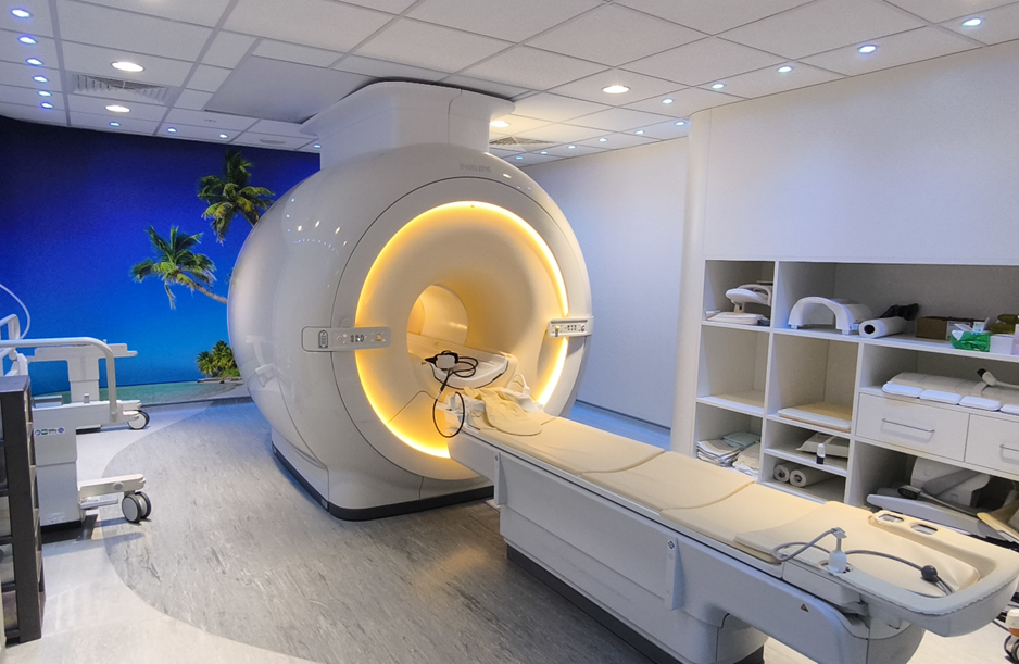 MRI Machine in a room with a beach on one wall