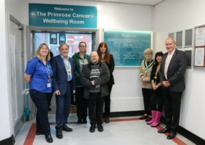 Charmaine Norrish, Richard Sumray, Karen Jackson, Yvette King, Mandy and Nicholas Kier outside The Primrose Cancer Wellbeing Room